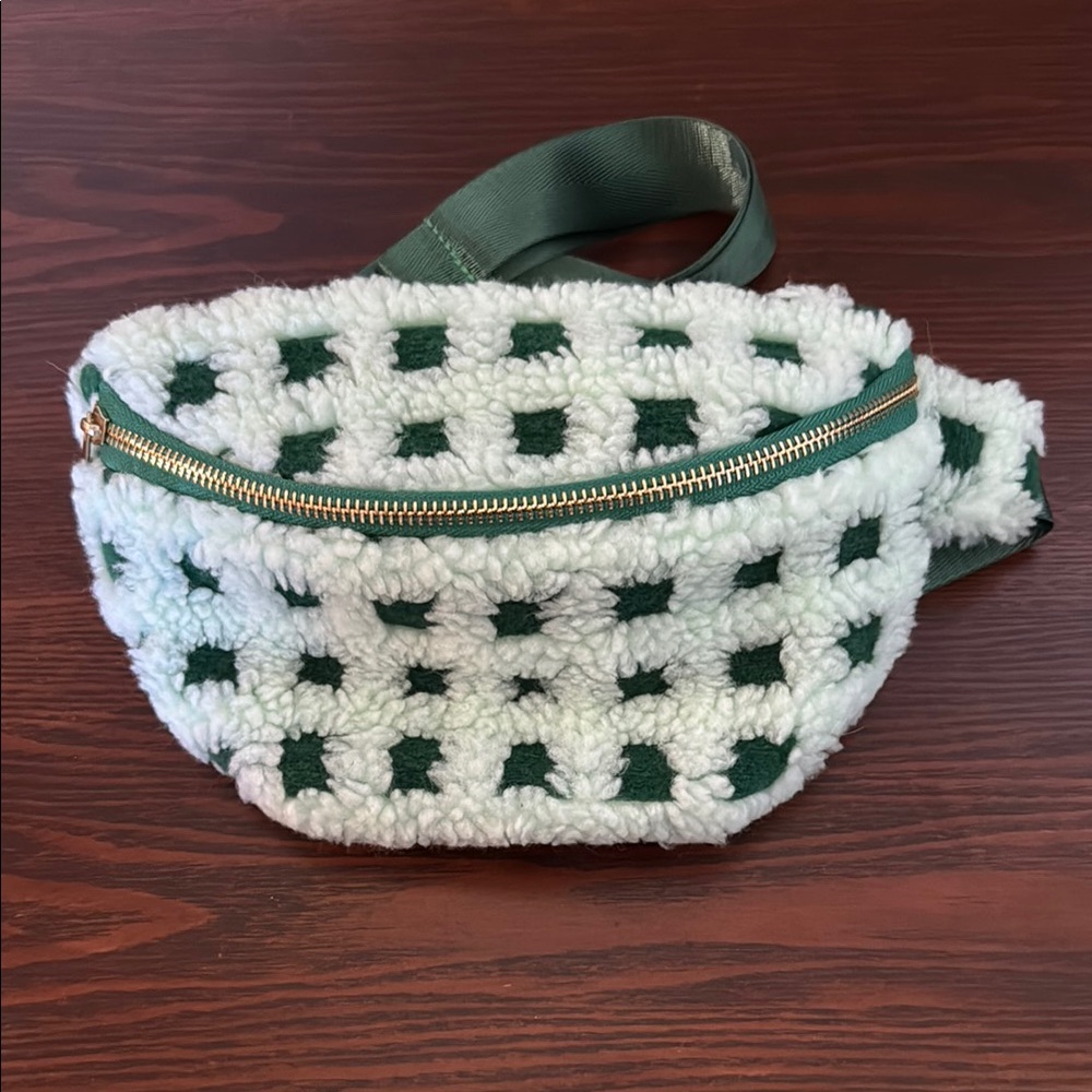 Green and White Fleece Fanny Pack